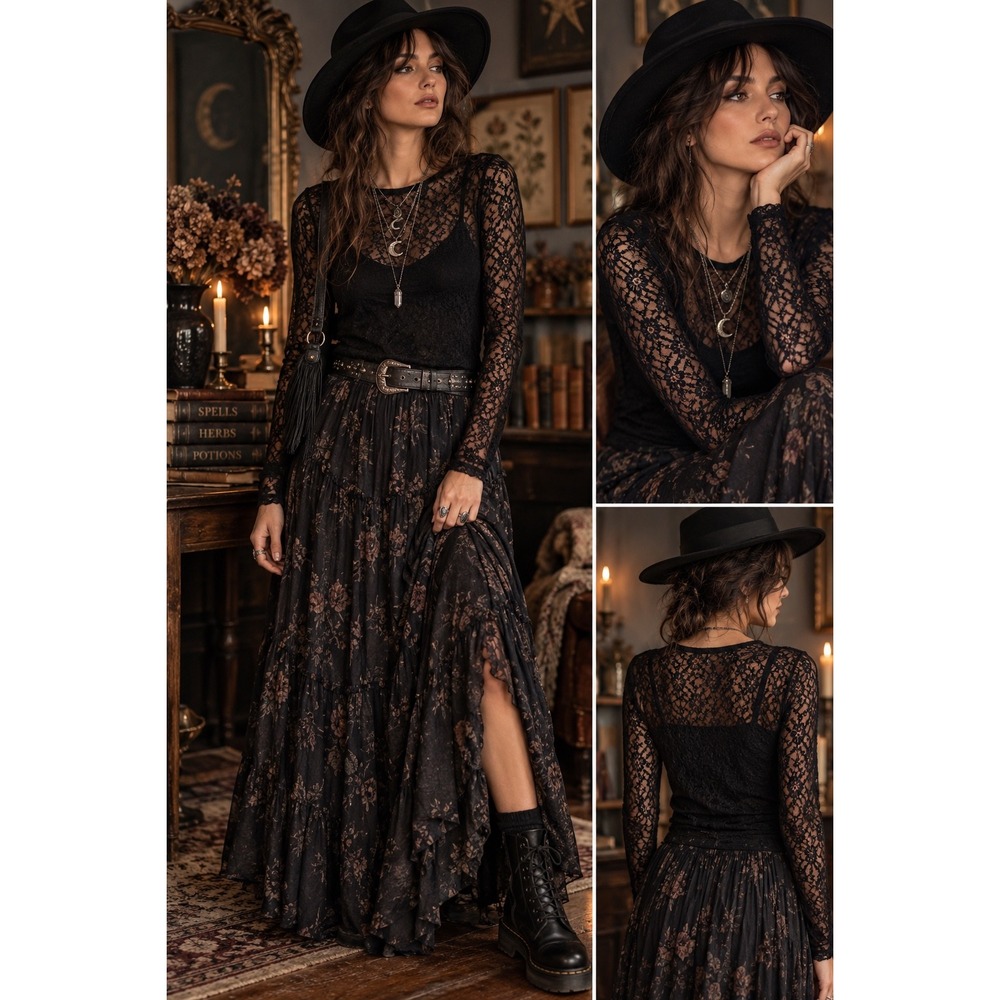 Old Navy Black Floral Lace Sheer Long Sleeve Top L Whimsigoth Romantic Goth Y2K